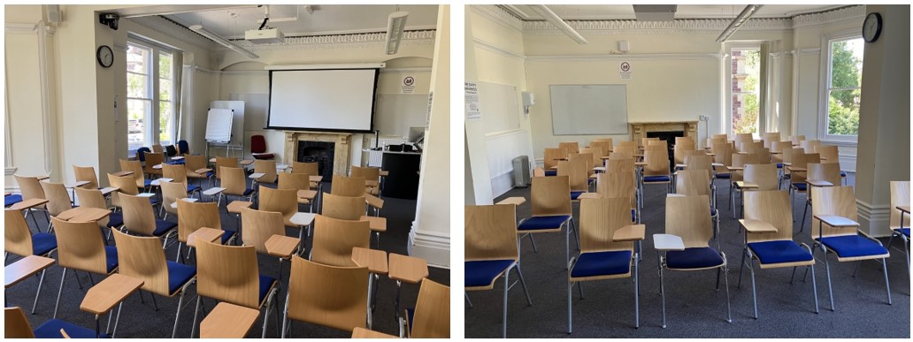 Classroom with pallet chairs.